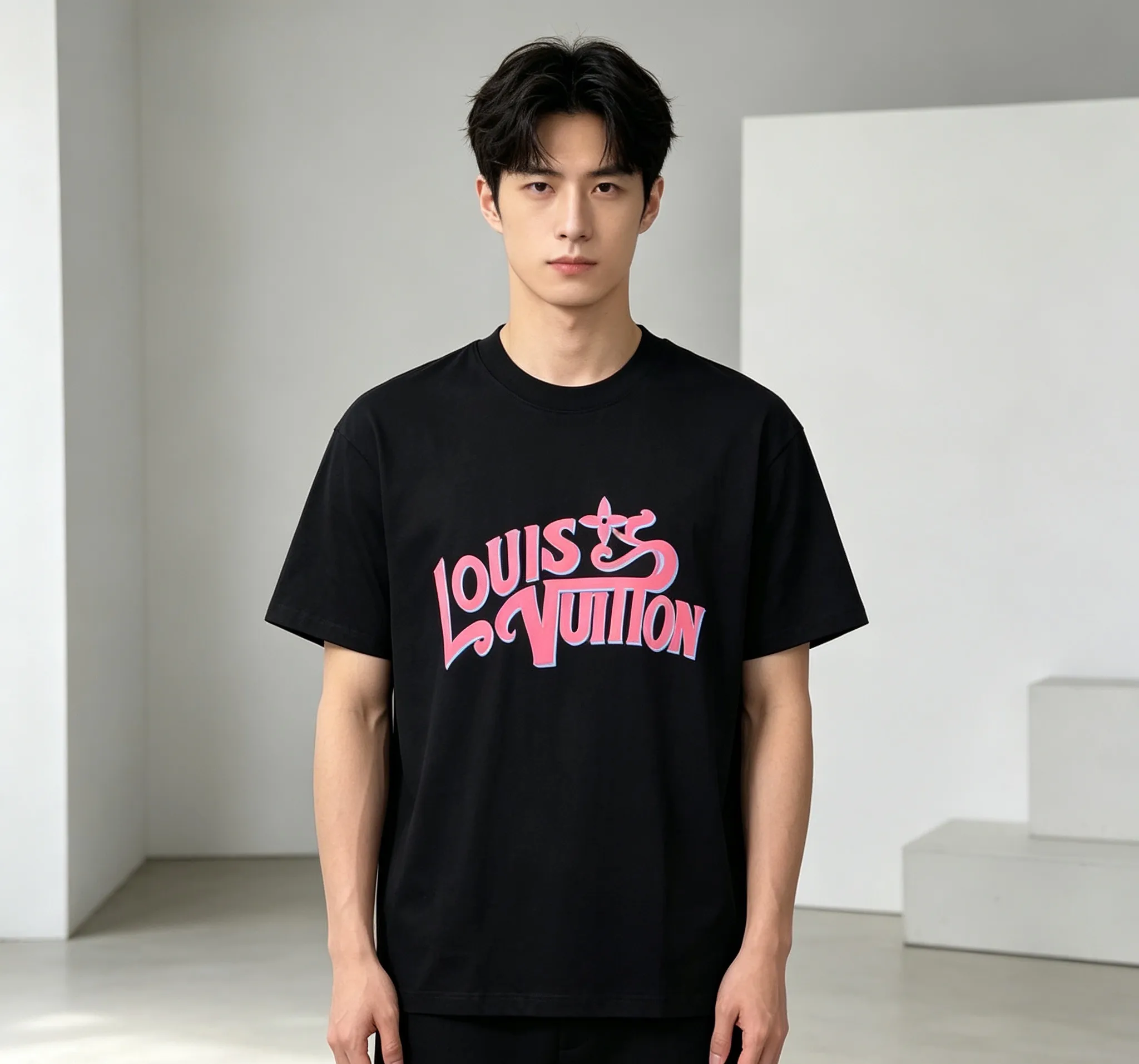 Louis Vuitton/Louis Vuitton pink graffiti 3D letter short sleeves